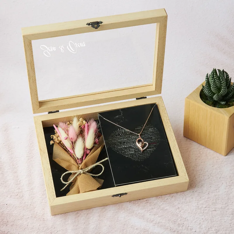 100 Languages I Love You Silver Necklace Gift Set with Personalized Wooden Box and Mini Corsage