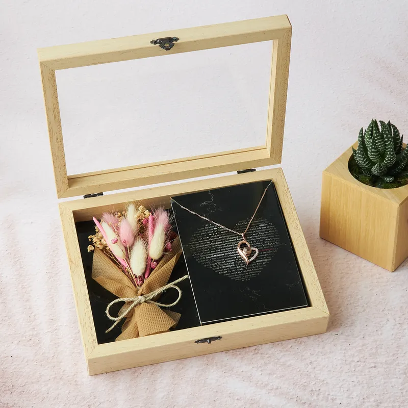 100 Languages I Love You Silver Necklace Gift Set with Wooden Box and Mini Corsage