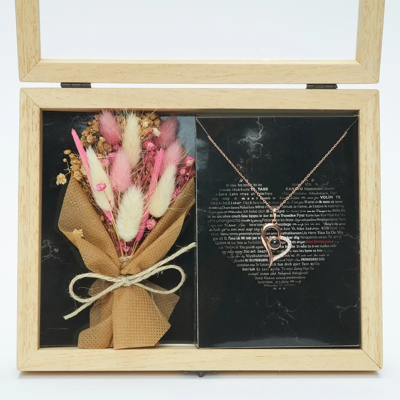100 Languages I Love You Silver Necklace Gift Set with Wooden Box and Mini Corsage