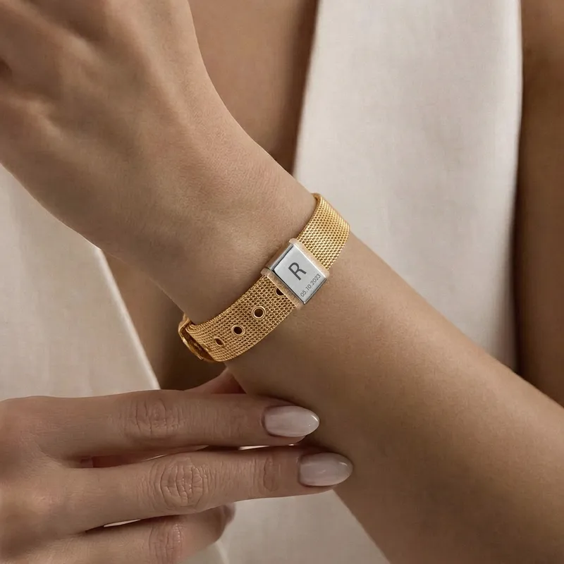 2pcs Customized with Initials and Date Steel Mesh Bracelet Set as Gift for Couples