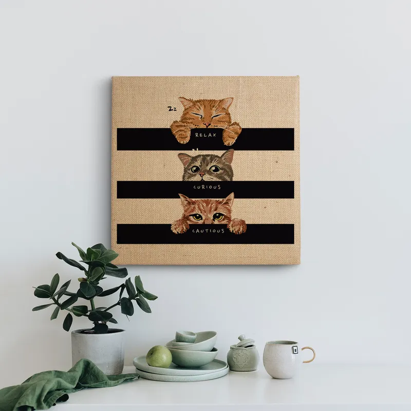 3 Faces of Cat Designed Wicker Painting