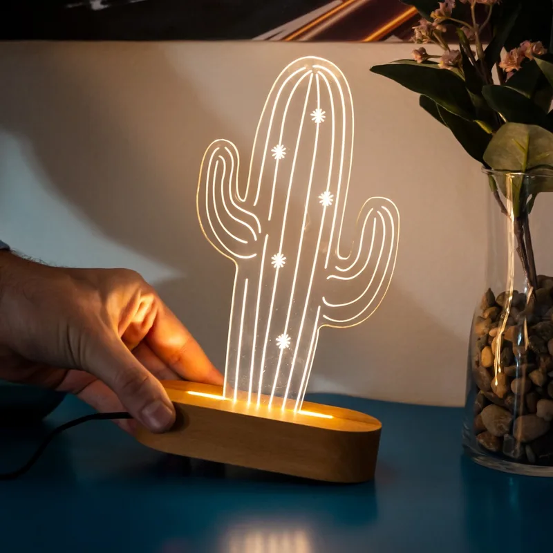 3D Led Lamp With Desert Cactus Design