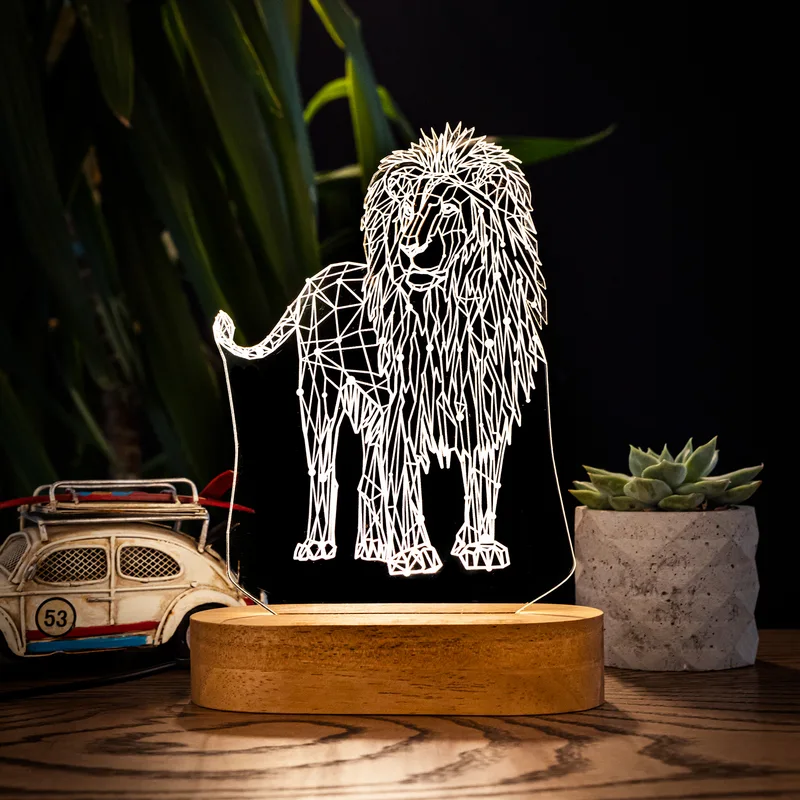 3d Led Night Light with Geometric Lion Design