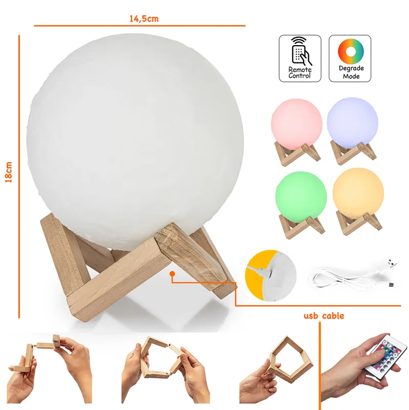 3D Moon Night Lamp with Wooden Stand