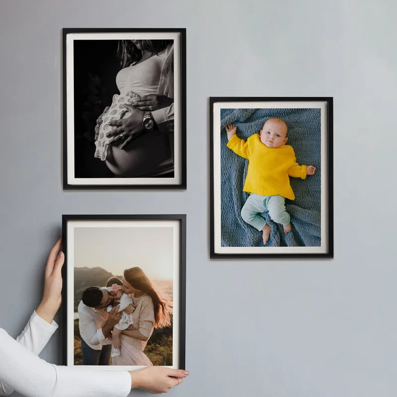 3pcs Self Adhesive Black Photo Frame Set with Mat Bordered Photo Print - 11.75 x 15.75 inches