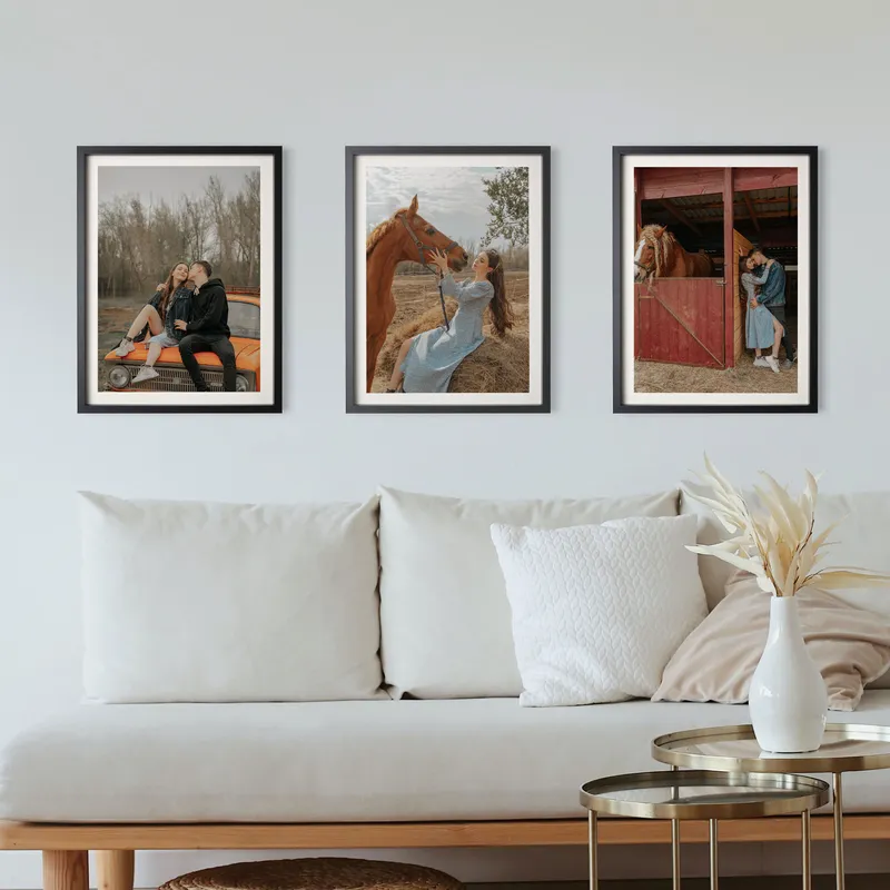 3pcs Self Adhesive Black Photo Frame Set with Mat Bordered Photo Print - 11.75 x 15.75 inches