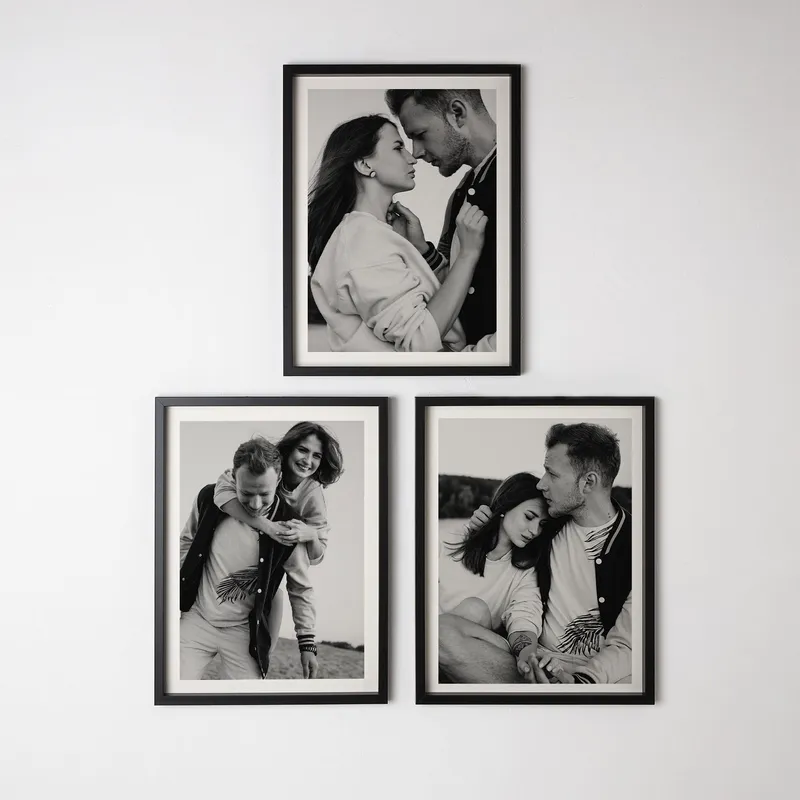 3pcs Self Adhesive Black Photo Frame Set with Mat Bordered Photo Print - 11.75 x 15.75 inches