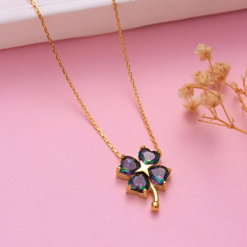 4 Leaf Clover Pendant Gold Plated Becklace with Mystic Topaz Stones