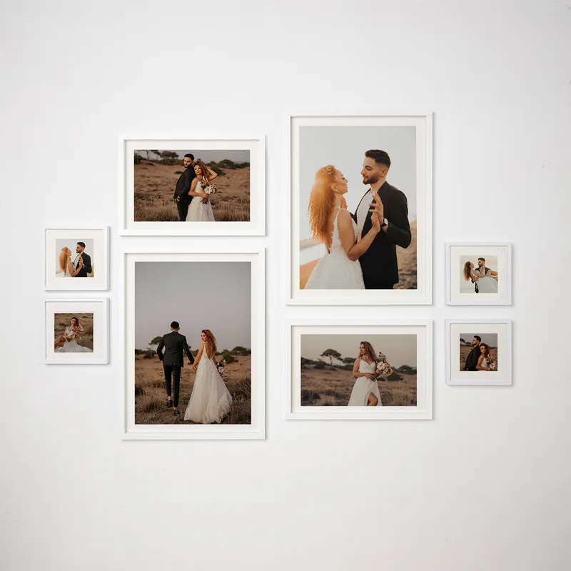 8pcs Self Adhesive White Picture Frame Set with Mat Boarded Photo Prints