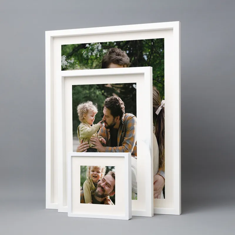 8pcs Self Adhesive White Picture Frame Set with Mat Boarded Photo Prints