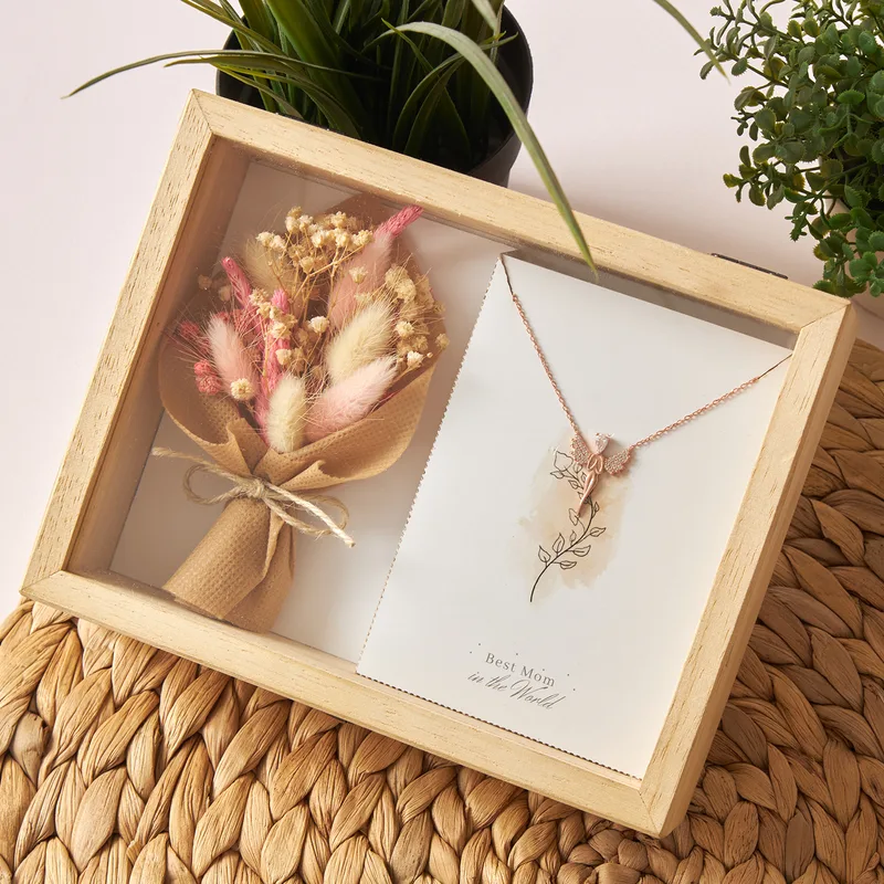 Angel Necklace Gift Box with Flower Bouquet for Mom
