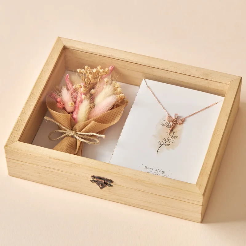Angel Necklace Gift Box with Flower Bouquet for Mom