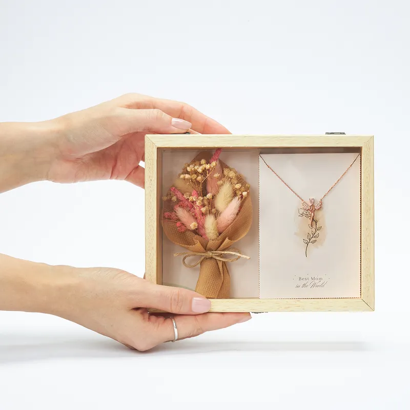 Angel Necklace Gift Box with Flower Bouquet for Mom