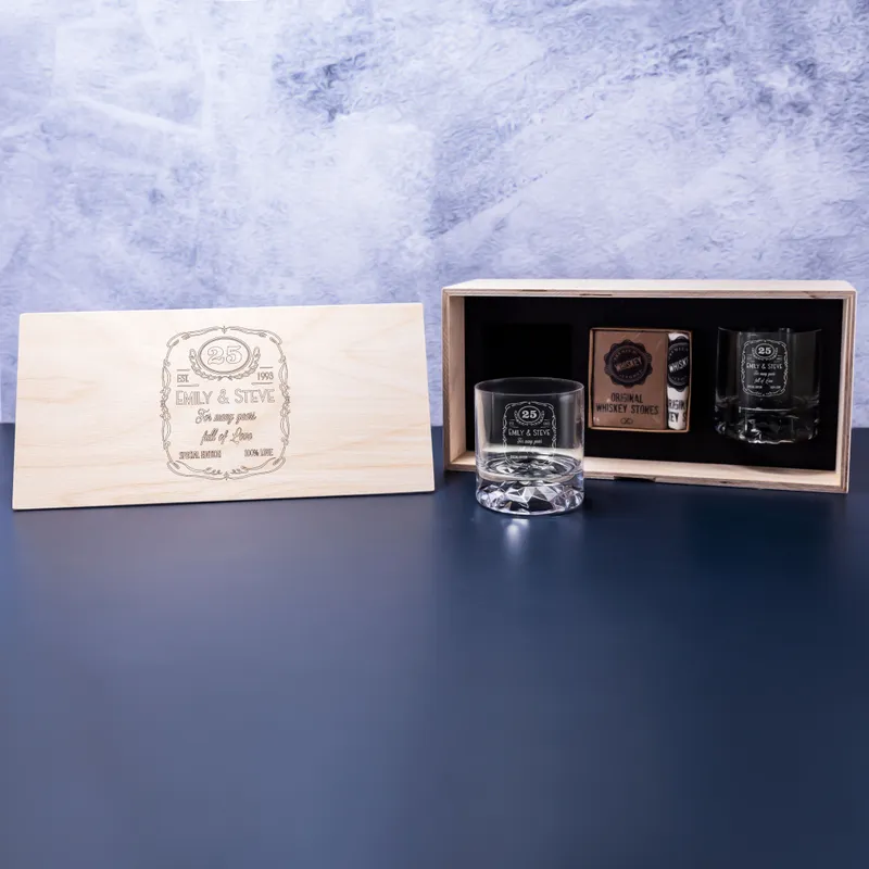 Personalised Anniversary Whiskey Glass Set in Engraved Wooden Box