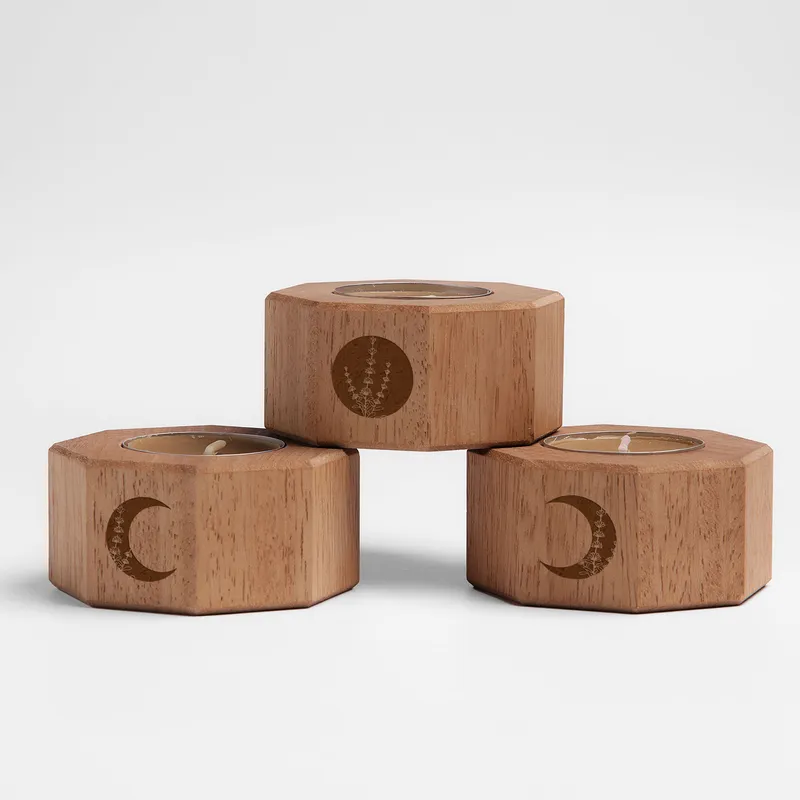 Artisan Floral Carved Wooden Candle Holder Set