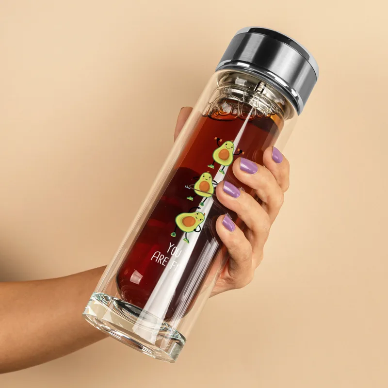 Avacado Printed Double Walled Glass Thermos