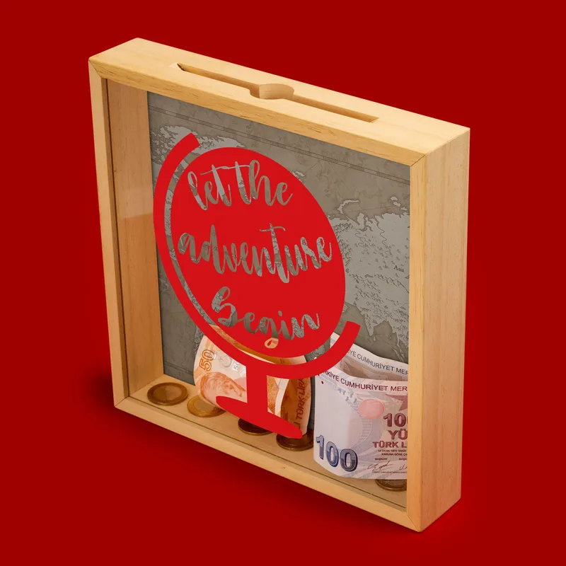Adventure Awaits Wooden Money Box for Travel Lovers