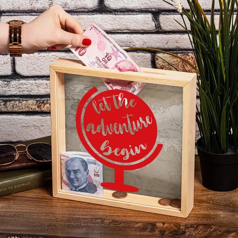 Adventure Awaits Wooden Money Box for Travel Lovers