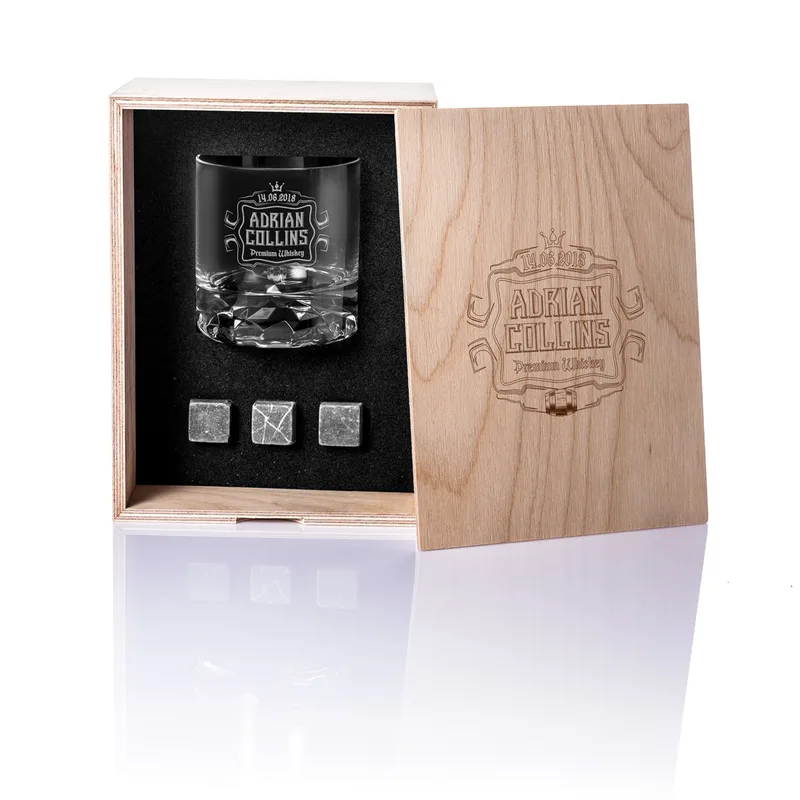 Birthday Gifts Chicago Crystal Whiskey Glasses Set in Wooden Box
