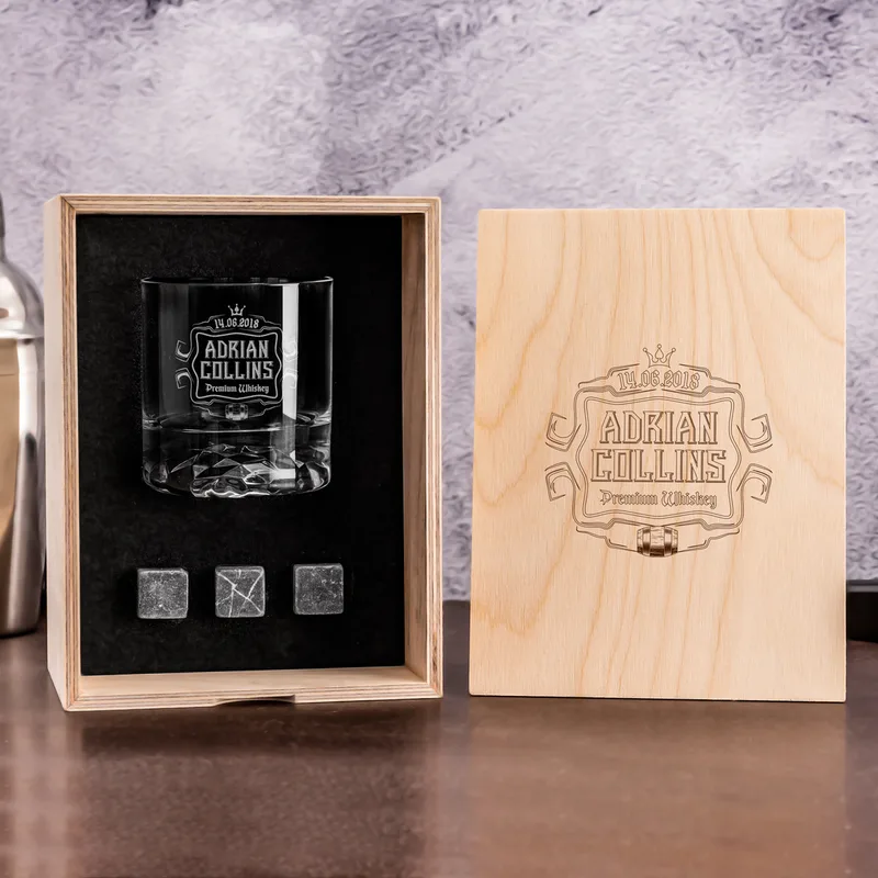 Birthday Gifts Chicago Crystal Whiskey Glasses Set in Wooden Box