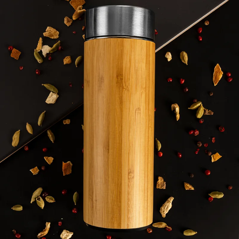 Birthday Gifts Initials Printed Bamboo Thermos Flask with Tea Strainer