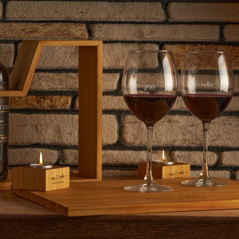 Personalised Wooden Wine Rack with Glasses and Candle Set