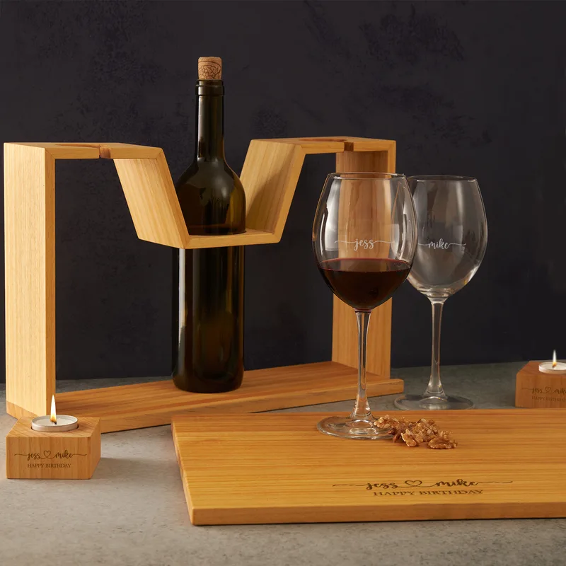 Personalised Wooden Wine Rack with Glasses and Candle Set