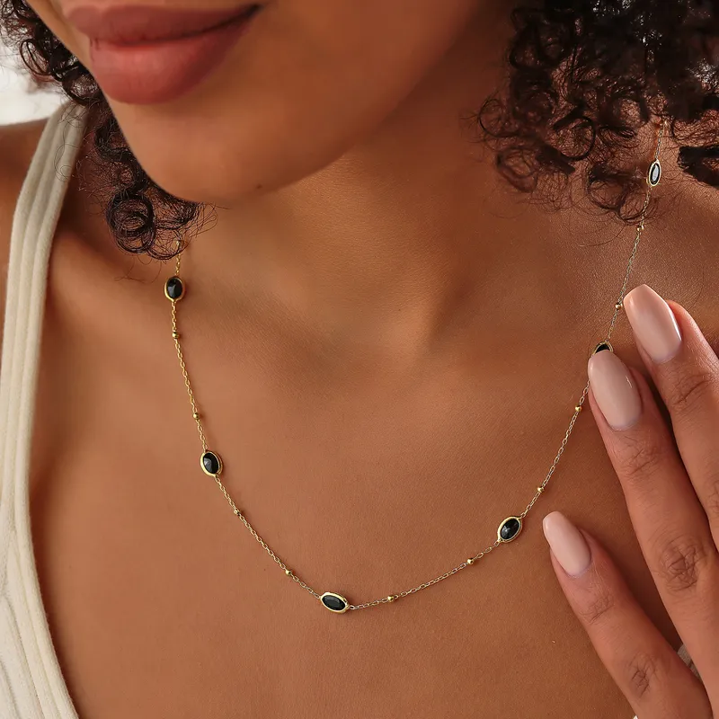 Black Zircon Stone Silver Necklace for Her