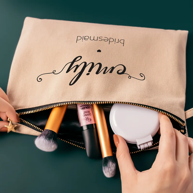 Bridesmaid Designed Personalized Beige Canvas Makeup Bag