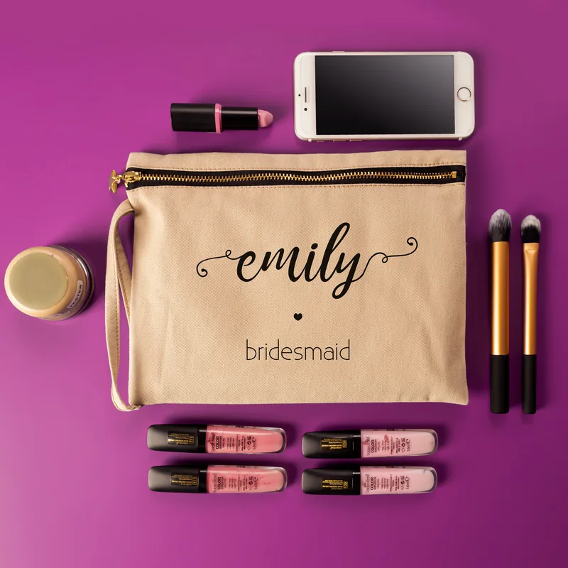 Bridesmaid Designed Personalized Beige Canvas Makeup Bag