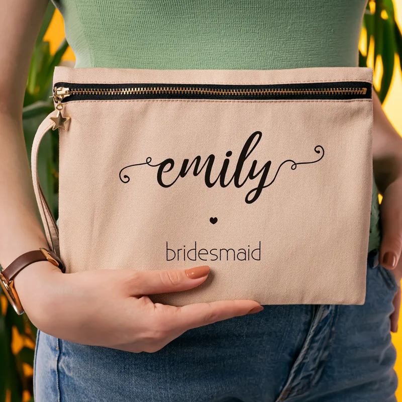 Bridesmaid Designed Personalized Beige Canvas Makeup Bag