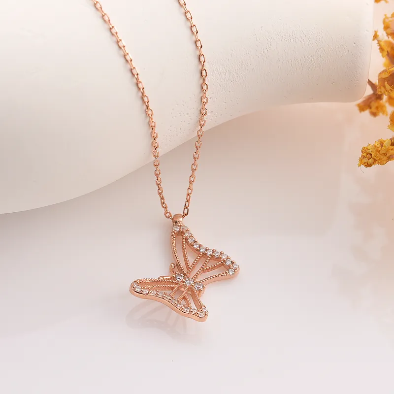Butterfly Design Cubic Zirconia Stone Rose-Plated Silver Necklace