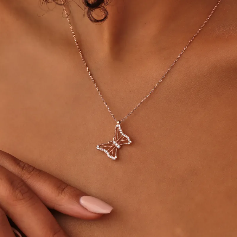 Butterfly Design Cubic Zirconia Stone Rose-Plated Silver Necklace