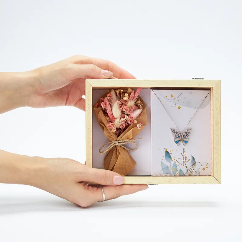 Butterfly Shaped Silver Necklace Gift Set with Wooden Box and Mini Corsage