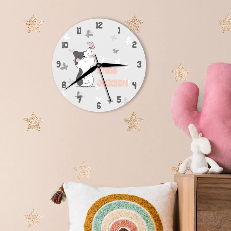Personalised Cat Wall Clock for Kids Room