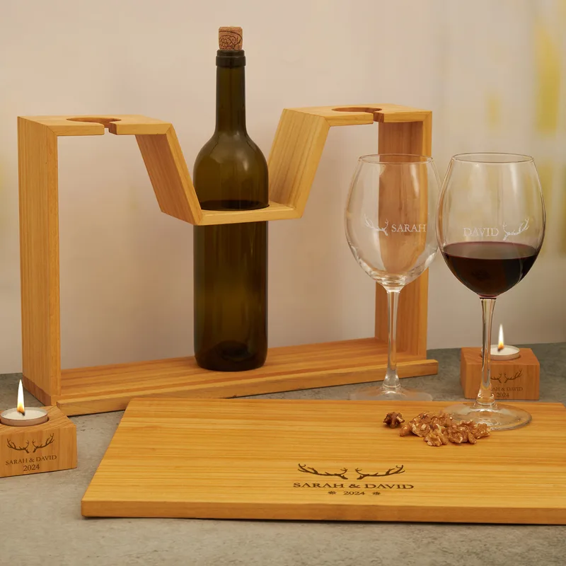 Personalised Reindeer Antler Wine Rack with Glasses & Candle Set