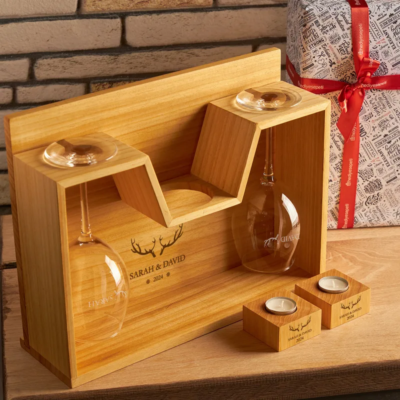 Personalised Reindeer Antler Wine Rack with Glasses & Candle Set