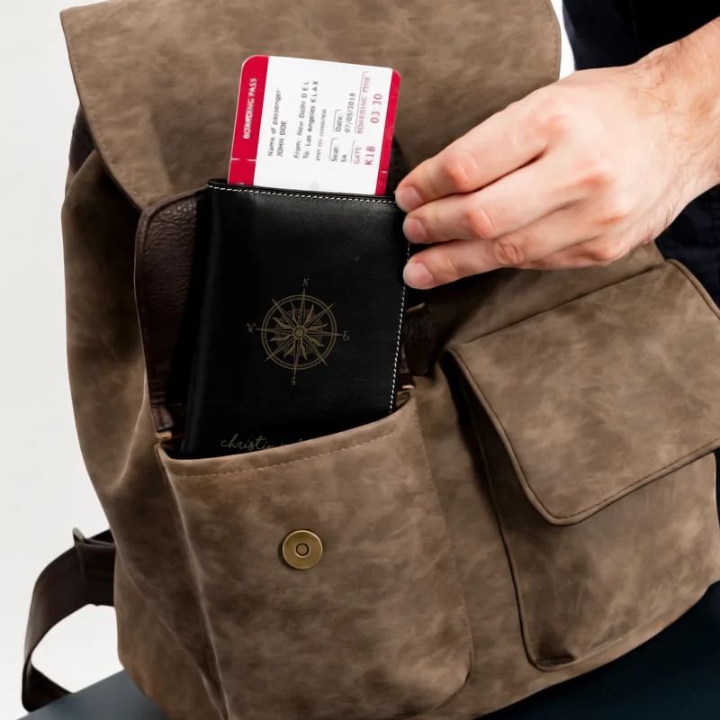 Compass Design Personalized Leather Passport Cover