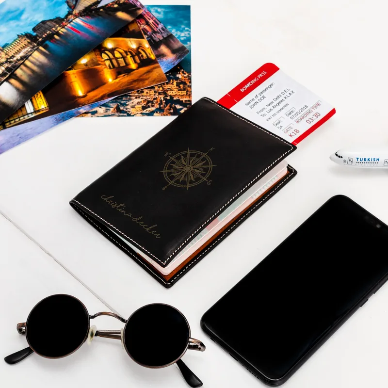 Compass Design Personalized Leather Passport Cover