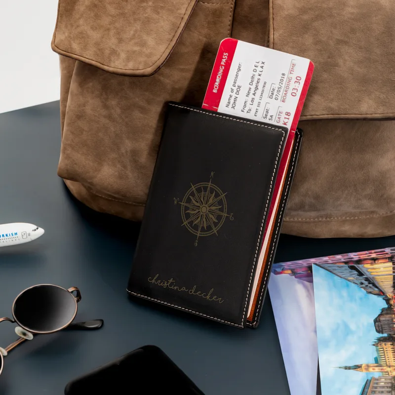Compass Design Personalized Leather Passport Cover