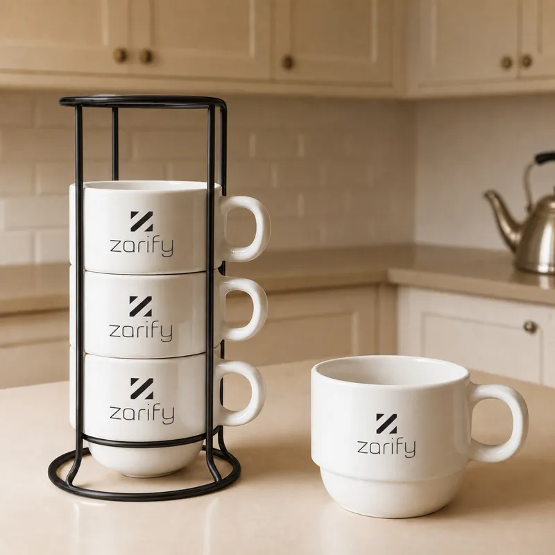Personalised Corporate Logo Coffee Mug Set of 4 with Stand