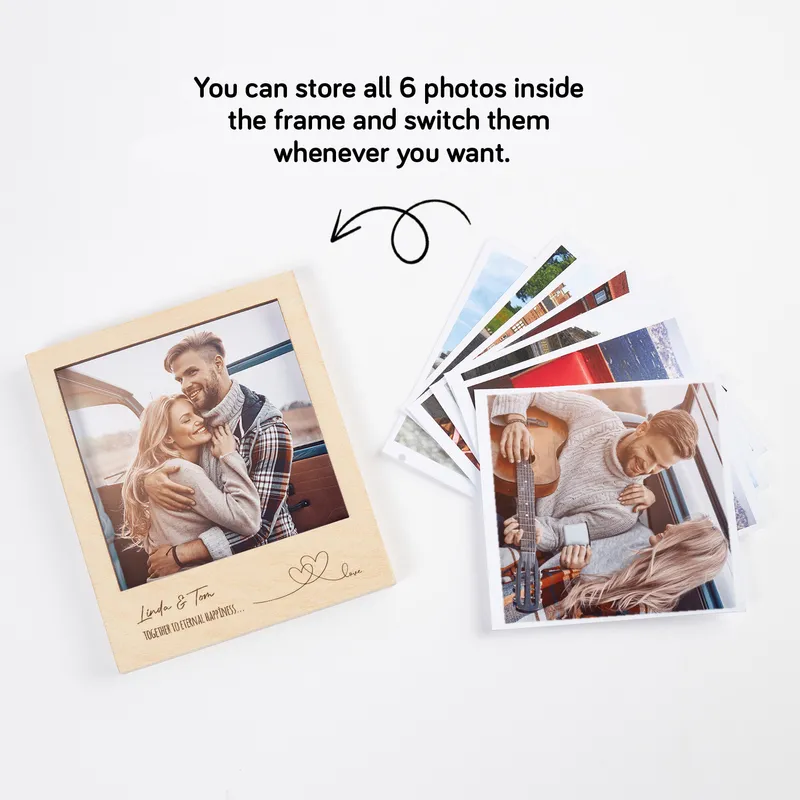 Personalised Wooden Photo Frame with Polaroid Cards for Couples