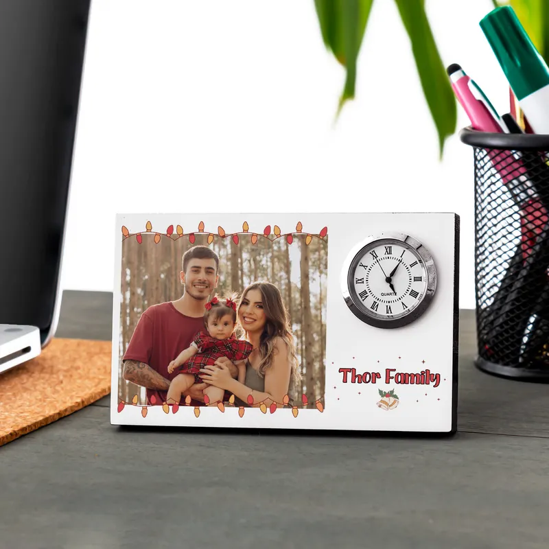 Custom Christmas Photo Frame with Clock for Desk Decor