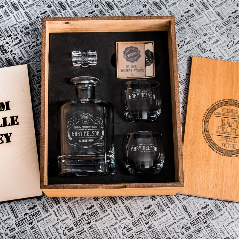 Custom Engraved Whiskey Decanter Set with Wooden Box
