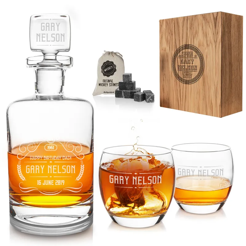 Custom Engraved Whiskey Decanter Set with Wooden Box