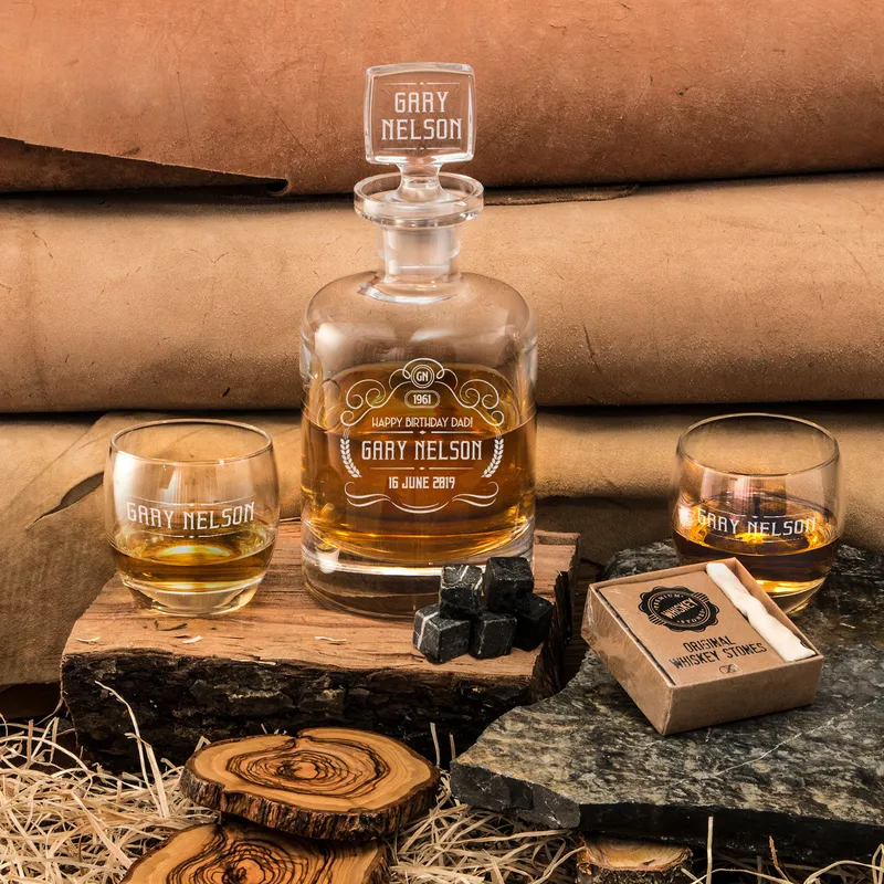 Custom Engraved Whiskey Decanter Set with Wooden Box