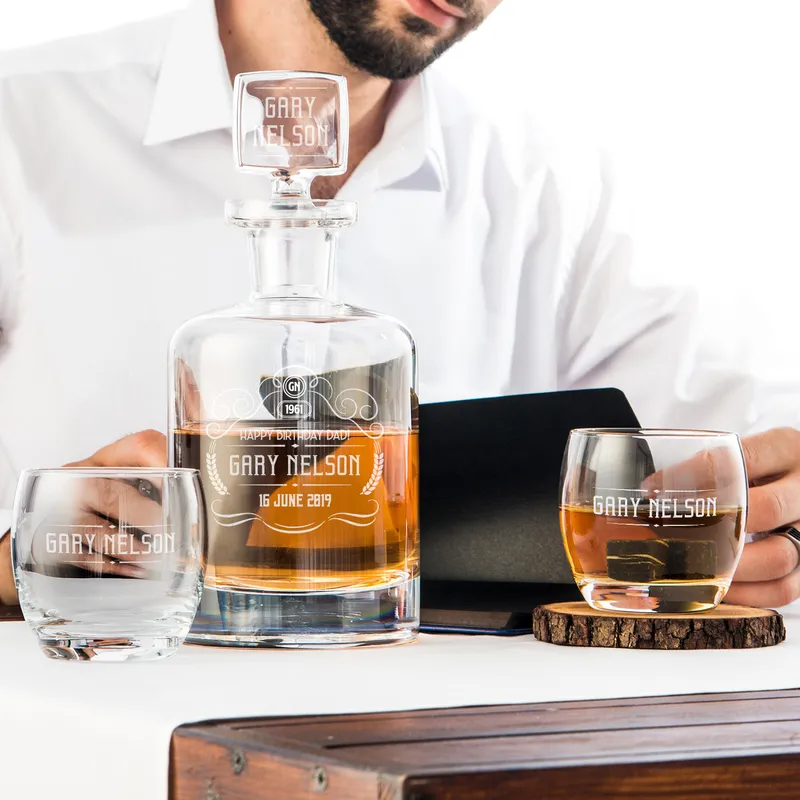 Custom Engraved Whiskey Decanter Set with Wooden Box