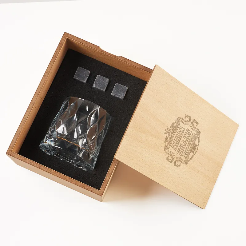 Custom Engraved Whiskey Glass Set in Wooden Box for Men
