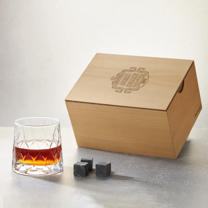 Custom Engraved Whiskey Glass Set in Wooden Box for Men