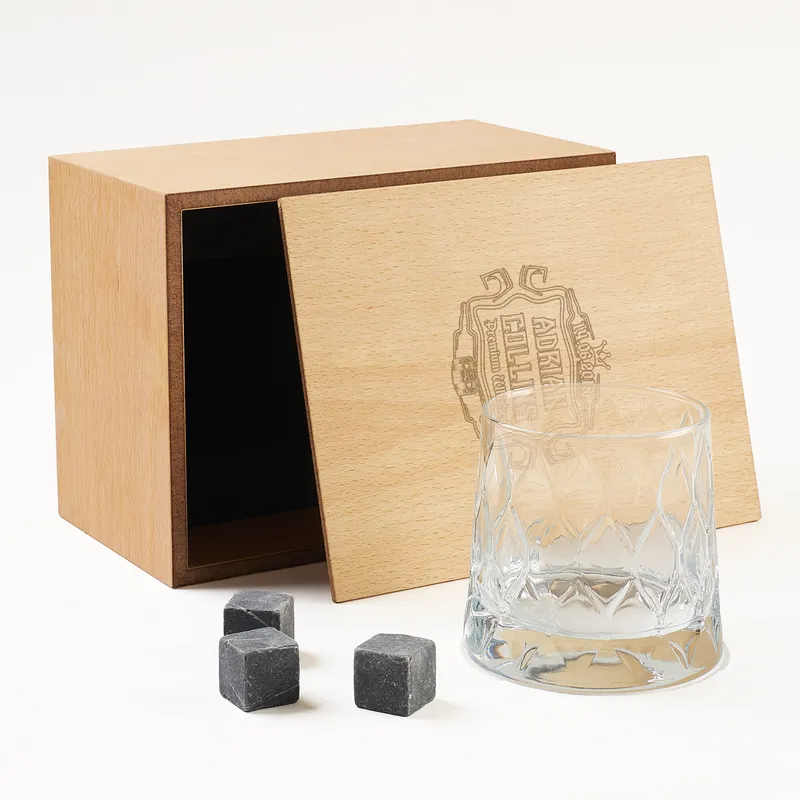Custom Engraved Whiskey Glass Set in Wooden Box for Men